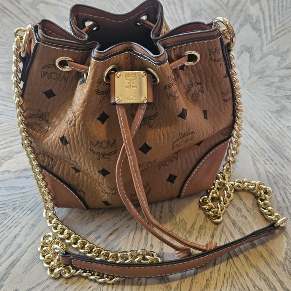 MCM Handbags - MCM Soft Berlin Visetos Monogram Drawstring Leather Bucket Bag Crossbody‎ Mini